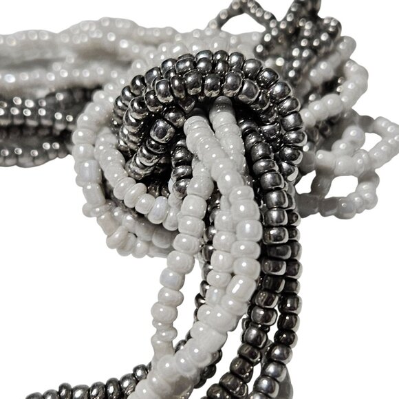 Elegant White Silver Seed Bead Multi Strand Knotted Necklace Fashion Jewelry - Picture 4 of 6